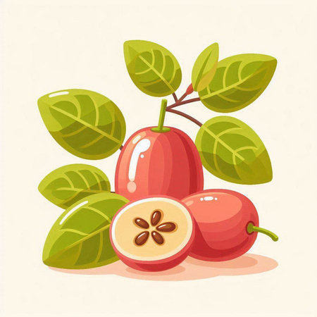 Cranberry vector illustration. Fresh red cranberry with green leaves.のイラスト素材