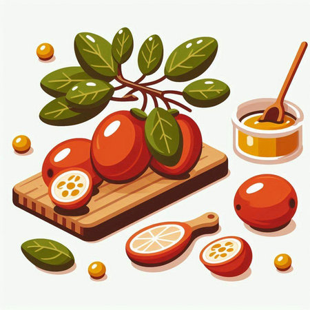 Ripe persimmon fruits on wooden board with honey. Vector illustrationのイラスト素材