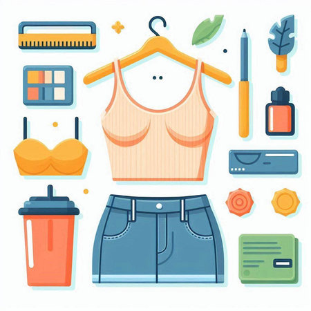 Women's clothing and accessories set. Vector illustration in flat style.のイラスト素材