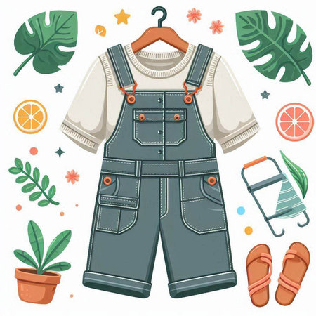 Dungarees and accessories. Vector illustration in flat style.のイラスト素材