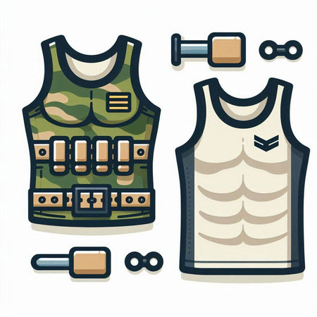 Vector illustration of a set of different types of military clothing: vest, vest, jacket, gun, barrel.のイラスト素材