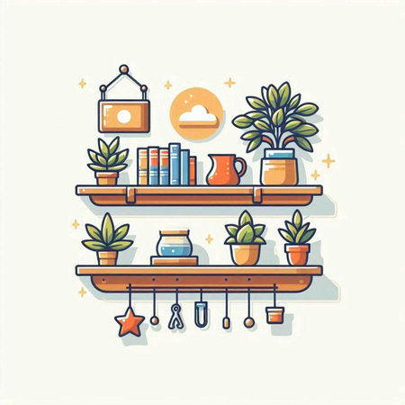 Vector illustration of a shelf with books, potted plants and other things.のイラスト素材