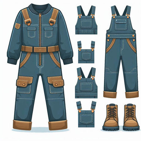 Jeans overalls and boots. Vector illustration of jeans overalls.のイラスト素材