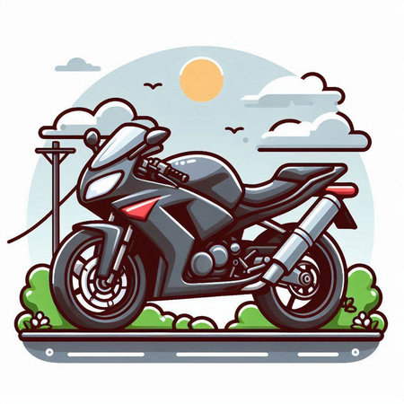 Vector illustration of a motorbike in the park on a sunny dayのイラスト素材