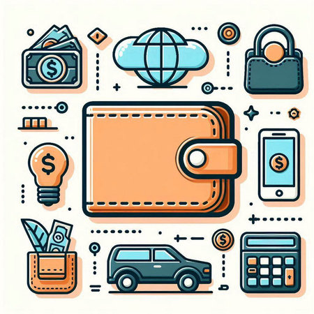 Flat line design icons set with purse, car, wallet, money and other elements.のイラスト素材
