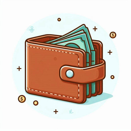 Illustration of a brown wallet with money inside. Vector illustration.のイラスト素材