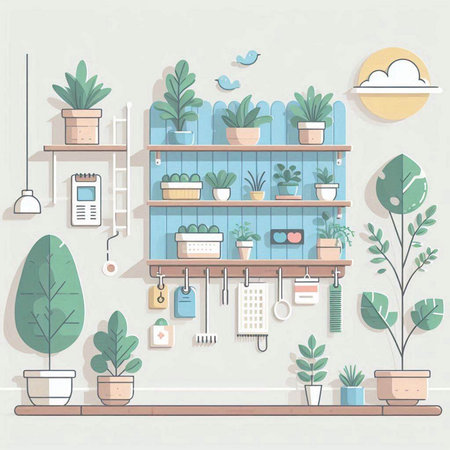 Flat design interior of modern house with plants. Vector illustration.のイラスト素材