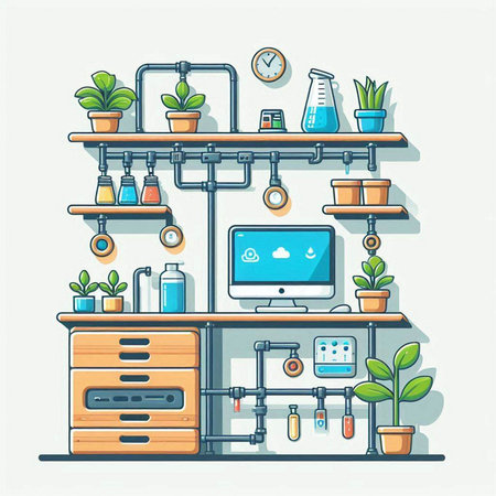 Flat design modern vector illustration concept of home office workspace. Workplace with computer, plants, equipment and accessories.のイラスト素材