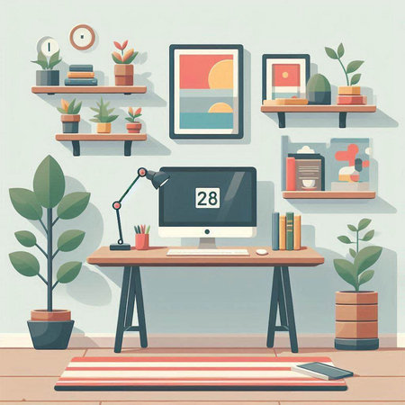 Home office interior design. Workplace with computer, bookshelf and plants. Flat vector illustration.のイラスト素材
