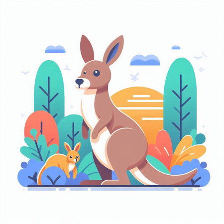Cute kangaroo in the forest. Flat vector illustration.のイラスト素材