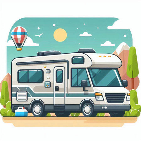 Camping trailer on the road. Vector illustration in flat style.のイラスト素材