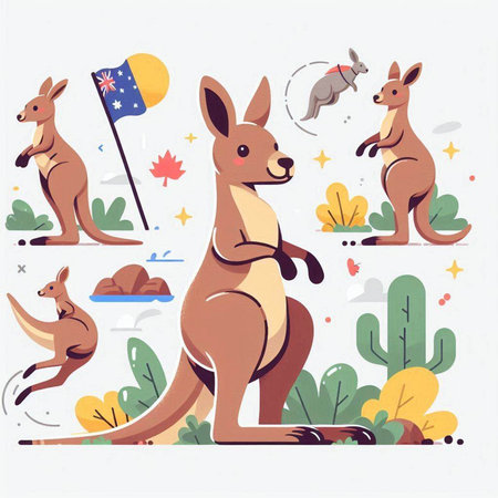 Kangaroos and Australian flags. Vector illustration in flat styleのイラスト素材