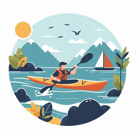 Man kayaking on the river. Vector illustration in flat style.のイラスト素材