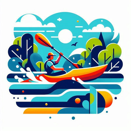 Kayaking on the river. Vector illustration in flat cartoon style.のイラスト素材