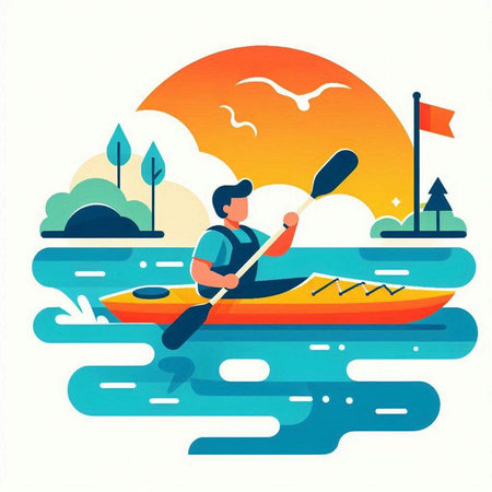 Kayaking on the lake. Vector illustration in flat cartoon style.のイラスト素材