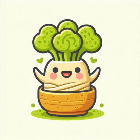 Cute broccoli character in cartoon style. Vegetable vector illustration.のイラスト素材