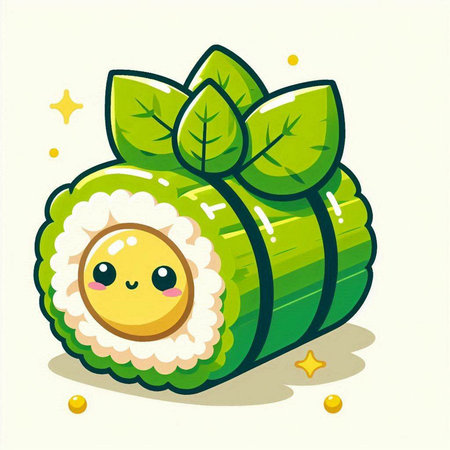 Illustration of a green sushi roll with cute face and green leavesのイラスト素材