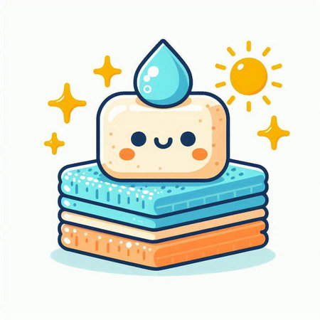 Cute kawaii sponge and water drop. Vector illustration.のイラスト素材