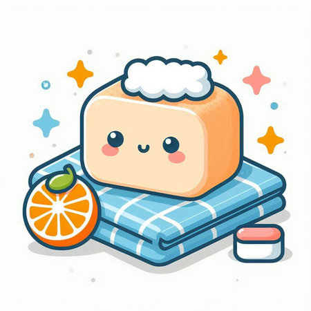 Cute kawaii illustration of a piece of cake, orange and cream.のイラスト素材