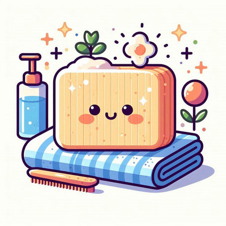 Cute kawaii bath towel and soap. Vector illustration.のイラスト素材