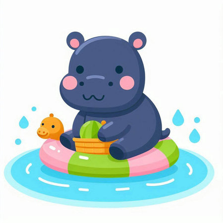 Cute hippopotamus with rubber ring. Vector illustration in cartoon style.のイラスト素材