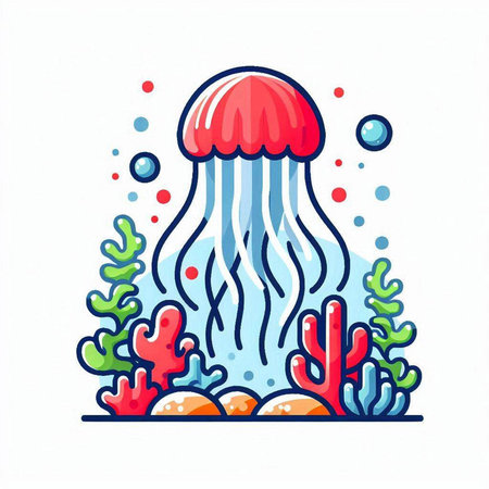Jellyfish and corals. Underwater world. Vector illustrationのイラスト素材
