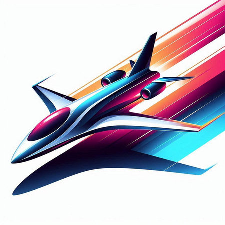 Futuristic aircraft on a background of colored stripes. Vector illustrationのイラスト素材