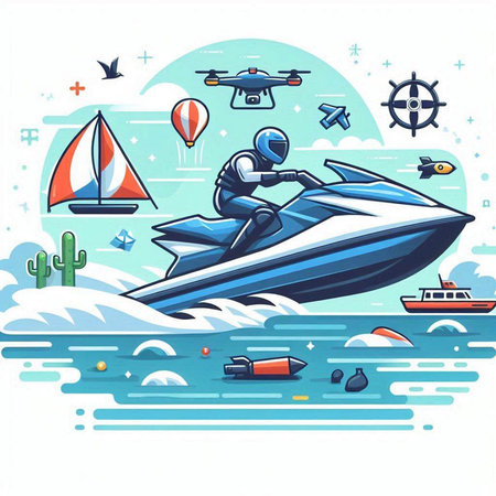 Vector illustration of a jet ski in the sea with various elements.のイラスト素材