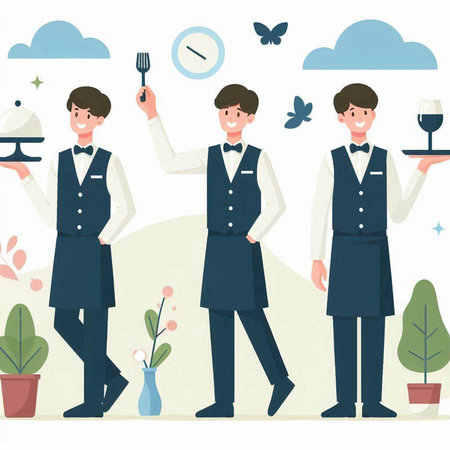 Vector illustration of a waiter with a tray and a spoon in his handのイラスト素材