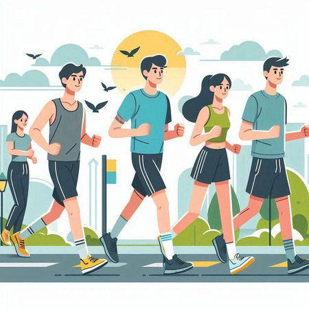 Group of people jogging in the city. Vector illustration in flat styleのイラスト素材