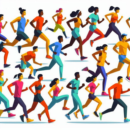 Running people, men and women in sportswear. Flat vector illustration.のイラスト素材