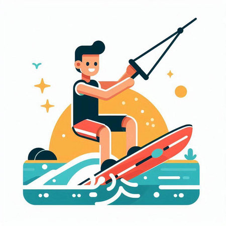 Man riding wakeboard on the sea. Flat style vector illustration.のイラスト素材