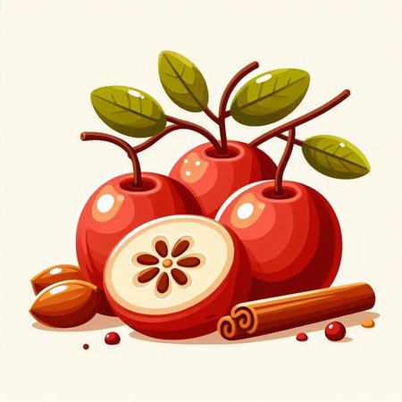 Cranberry with leaves and cinnamon. Vector illustration in cartoon styleのイラスト素材