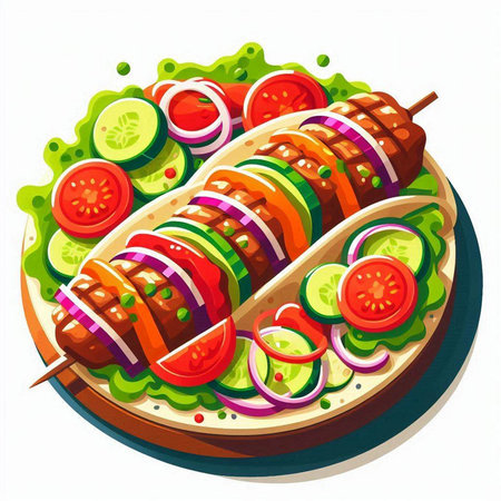 Vector illustration of grilled kebab with tomato, onion and cucumberのイラスト素材