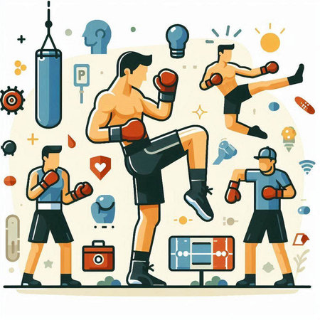 Boxing sport vector illustration in flat style. Boxers training in gym.のイラスト素材