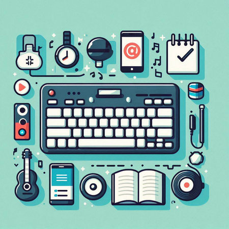 Flat design modern vector illustration concept of creative workspace with computer keyboard, headphones, smartphone, tablet and other gadgets.のイラスト素材