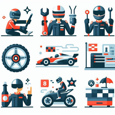 Racing flat icons set with racing car driver and driver vector illustrationのイラスト素材