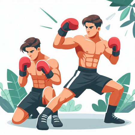 Vector illustration of two young men in boxing gloves fighting in the park.のイラスト素材
