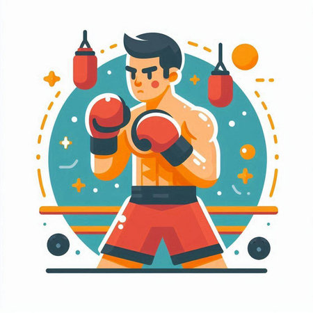 Boxer in red shorts and boxing gloves. Flat vector illustration.のイラスト素材