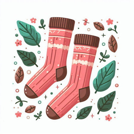 Hand drawn vector illustration of a pair of socks with floral elements.のイラスト素材