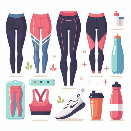 Fitness and healthy lifestyle set. Sportswear, water bottle, sneakers, shorts. Vector illustration.のイラスト素材