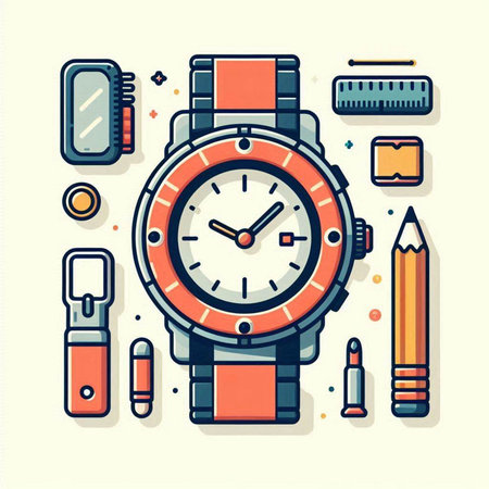 Wristwatch and set of stationery items. Vector illustration.のイラスト素材