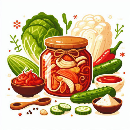 Vector illustration of canned vegetables in glass jar and ingredients for cooking.のイラスト素材