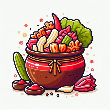 Pot with vegetables and spices. Vector illustration of a bowl with vegetables.のイラスト素材