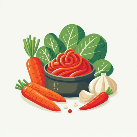 Ketchup in a bowl with carrots, garlic and greens. Vector illustration.のイラスト素材