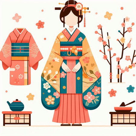 Japanese girl in kimono and tea ceremony. Vector illustration.のイラスト素材