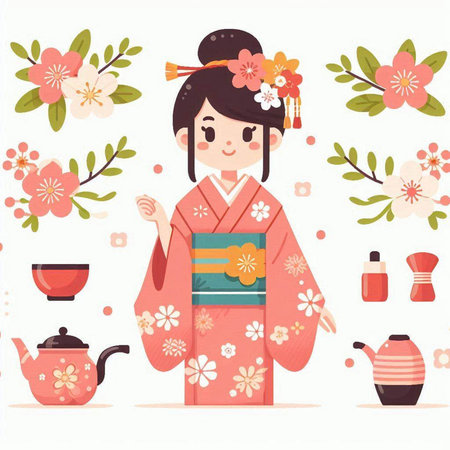Japanese girl in kimono and teapot. Vector illustrationのイラスト素材
