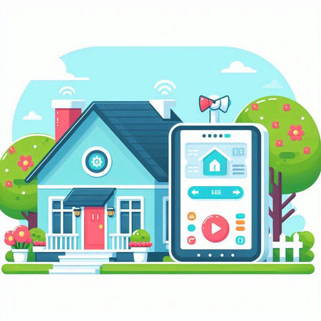 Smart home concept. Vector illustration in flat cartoon style. Smart house with smart phone.のイラスト素材