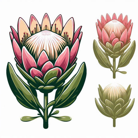 set of protea flowers isolated on a white background. vector illustrationのイラスト素材