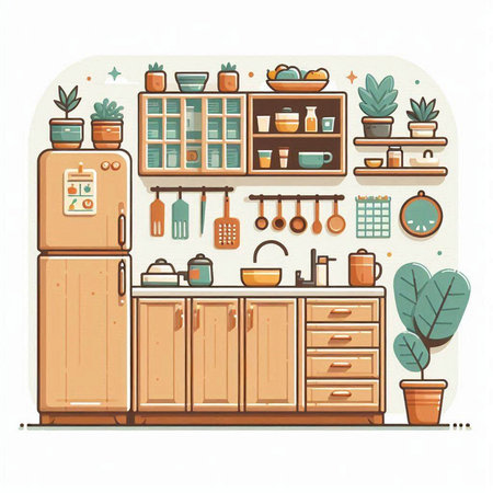 Kitchen interior. Vector illustration in flat style. Furniture and kitchen utensils.のイラスト素材